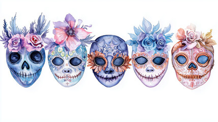 Colorful, artistic skulls adorned with flowers, symbolizing the Day of the Dead celebration, perfect for festive and cultural visuals.