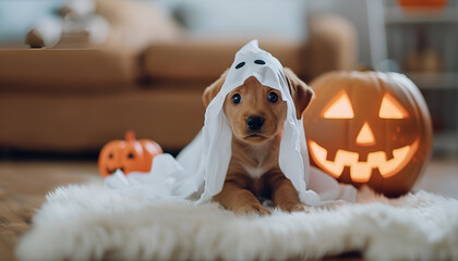 Happy Halloween. Charming, lovable brown puppy and ghost costume. Close-up, indoors. Studio shot. Congratulations for family, relatives, loved ones, friends and colleagues. Pet care concept