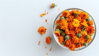 Dried calendula flowers elegantly arranged in a glass bowl on a pristine white background