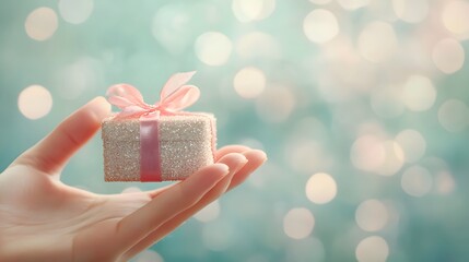 Elegant Hand with a Tiny Jewelry Gift Box: A hand delicately holding a small, elegant jewelry box with a sparkling ribbon, set against a soft-focus background.
