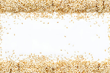 A white background with a row of sesame seeds on it. The sesame seeds are scattered all over the background, creating a sense of abundance and variety