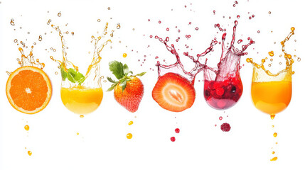 A series of fruit slices and berries cascading into splashes of juice, arranged in a line against a white background. Authentic studio photos showcasing healthy drinks