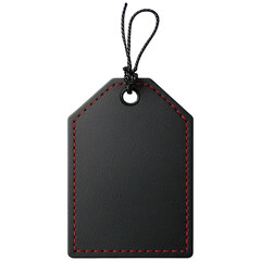 Blank black leather price tag with red stitching clipart on transparent background