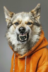 Poster - An angry dog in an orange hoodie growls with its teeth showing. AI.