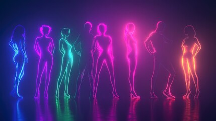 Poster - Multiple silhouettes standing with a vibrant neon glow representing an abstract concept on a dark background 