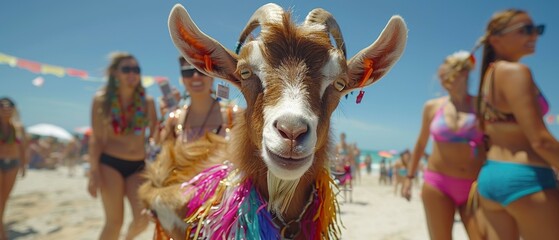 Wall Mural - A goat wearing colorful leis on a beach with people. AI.