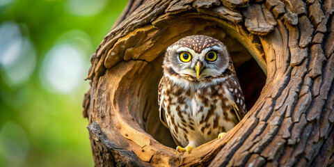 owl bird perched in tree hollow , nature, wildlife, bird, owl, tree, hollow, animal, forest, wildern