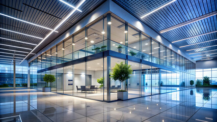 Sleek futuristic office building with glass interiors and modern lighting, futuristic