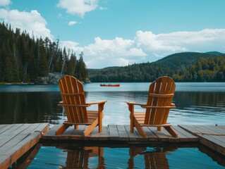 Poster - Two chairs facing a lake, perfect for enjoying the view. AI.