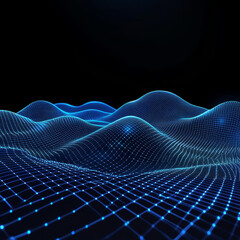 Abstract futuristic digital landscape with blue lines and an abstract grid on a black background. AI concept. Vector illustration.