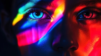 Canvas Print - A close-up view of a persons face illuminated by vibrant colorful lights, with a striking contrast between the light and shadow 