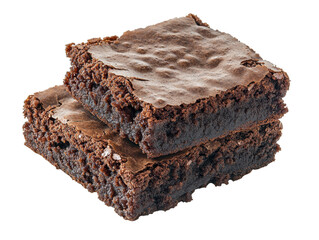 Two rich chocolate brownies with moist, gooey texture on transparent background.