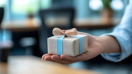 Wall Mural - Hand Offering a Gift Box in a Business Setting: A professional hand presenting a small, elegantly wrapped gift box in an office environment.
