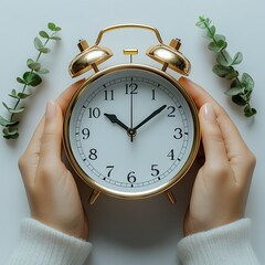 Minimalist alarm clock on a white background, person checking the time