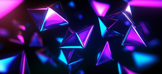 Wall Mural - Abstract background with floating geometric shapes. Blue and purple 3D objects on black backdrop