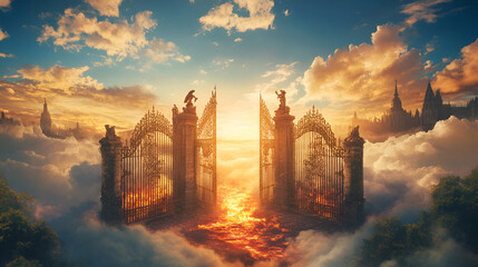 
Heaven paradise and fiery hell gates choice. Door to heaven and hell. Good and evil, light and darkness. God's judgment, christianity concept. Religious background for design banner, poster