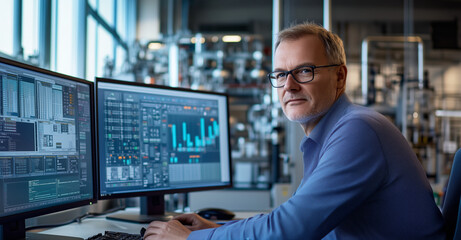 Wall Mural - Engineer working on industrial control system with multiple monitors in a factory setting. Technology and automation concept for design and print. Professional workspace in industrial environment