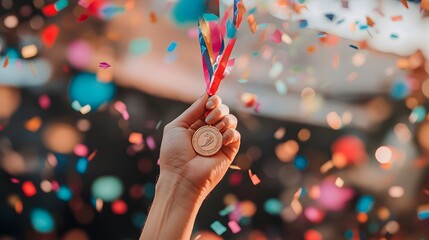 Hand with Medal and Confetti Falling: A hand holding a medal aloft, with colorful confetti raining down, capturing a celebratory moment. 
