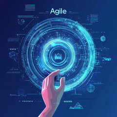 Concept of Agile software development methodology: a wireframe hand adjusting a knob to select Agile mode. Represents digital technology and big data concepts, highlighting a flexible development.