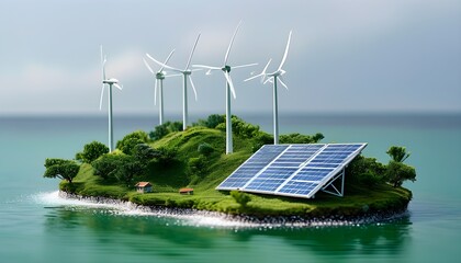 Innovative miniature island featuring wind turbines and solar panels, showcasing sustainability in renewable energy solutions