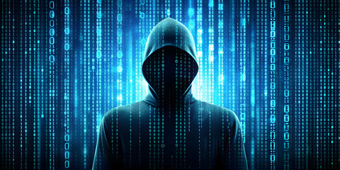 Digital silhouette of a faceless figure surrounded by binary code representing cyber threat