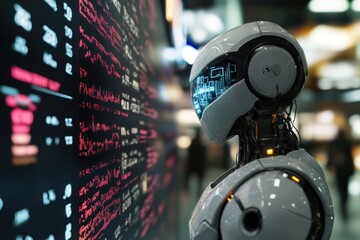 a futuristic robot observing data on a screen