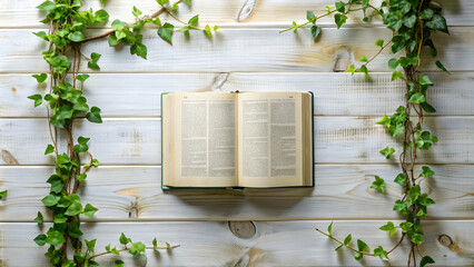 Open bible with green vine border on white wood background, bible, border, wood, white, green, vine, open