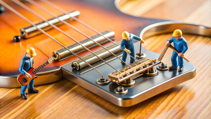 Miniature workers meticulously fixing a bass guitar bridge , miniature, workers, fixing, repair, tiny