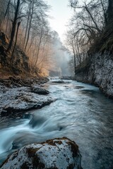Wall Mural - river flowing through snowy forest