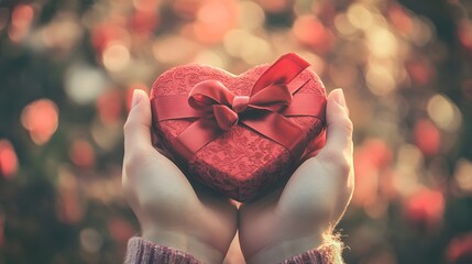 Wall Mural - Hands Holding a Heart-Shaped Gift Box: A pair of hands holding a heart-shaped gift box with a bow, set against a romantic, soft-focus background. 
