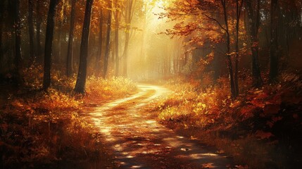 Poster - Autumn Path Through the Golden Forest