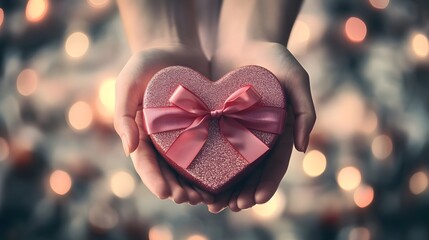 Wall Mural - Hands Holding a Heart-Shaped Gift Box: A pair of hands holding a heart-shaped gift box with a bow, set against a romantic, soft-focus background. 
