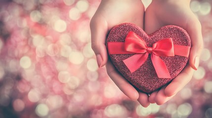 Wall Mural - Hands Holding a Heart-Shaped Gift Box: A pair of hands holding a heart-shaped gift box with a bow, set against a romantic, soft-focus background. 
