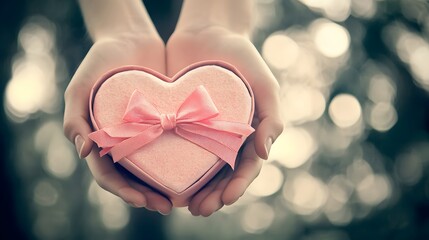 Wall Mural - Hands Holding a Heart-Shaped Gift Box: A pair of hands holding a heart-shaped gift box with a bow, set against a romantic, soft-focus background. 
