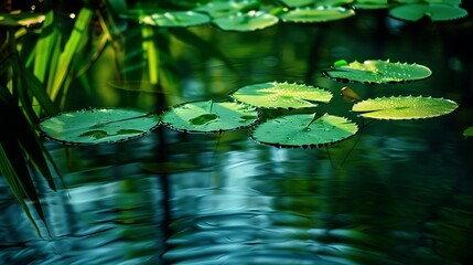 Wall Mural - On a pond that like a mirror vibrant green water lily pads float calmly