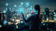 © Cavad - Artificial intelligence manages a smart city through the internet and an HUD interface with icons representing urban infrastructure. It involves IoT technology in information and communication .