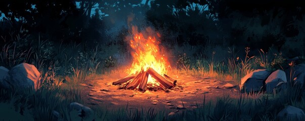 Cozy Campfire Glow: Isolated Illustration of Tranquil Outdoor Evening Setting