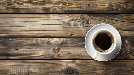 Cup of coffee on wooden table. Top view with copy space