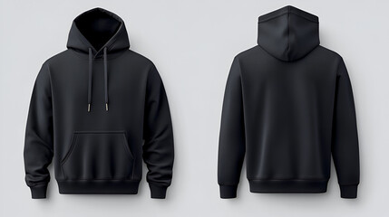 Blank black hoodie mockup showing both front and back views 3D rendering of an empty crewneck hooded sweatshirt isolated Clear template for a loose overall fabric jumper