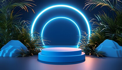 Futuristic blue podium in a glowing neon tunnel with dynamic 3D lighting effects