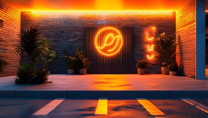 Vibrant Neon-lit Parking Space with a Dazzling Orange and Yellow Glow