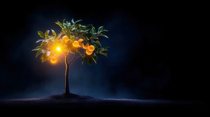 A glowing tree with vibrant oranges, set against a dark backdrop, symbolizing growth and nature's beauty.