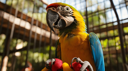 A parrot interacting with a toy in its cage.