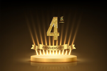 Wall Mural - Fourth anniversary gold award podium. 4 year celebration birthday or jubilee golden vector background. Luxury stage with glowing rays, glittering number 4 and ribbon with text anniversary on black.