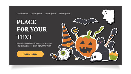 Wall Mural - Halloween creepy cute black banner with Halloween elements stickers. Halloween background. Halloween concept.