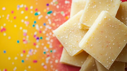 Close-up of kaju katli on a festive background with space for celebratory messages or ads.