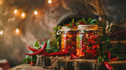 Wall Mural - On a rustic table two jars of chili peppers with foliage surround them