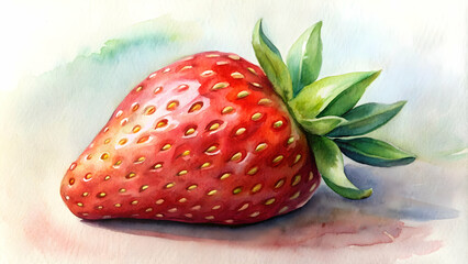 Watercolor of a ripe strawberry, strawberry, fruit, red, watercolor, painting,food, healthy, fresh, vibrant, art, summertime