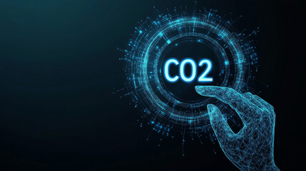 Carbon dioxide emissions control concept: reducing CO2 levels. A wireframe hand adjusts a carbon dioxide knob to the minimum setting. This illustrates the concept of CO2 reduction or removal. 