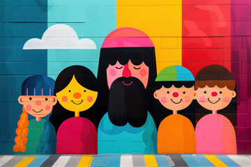 Playful pop-art mural of Jesus with children, using bold colors and simple shapes, symbolizing community, faith, and teachings in a fun style.